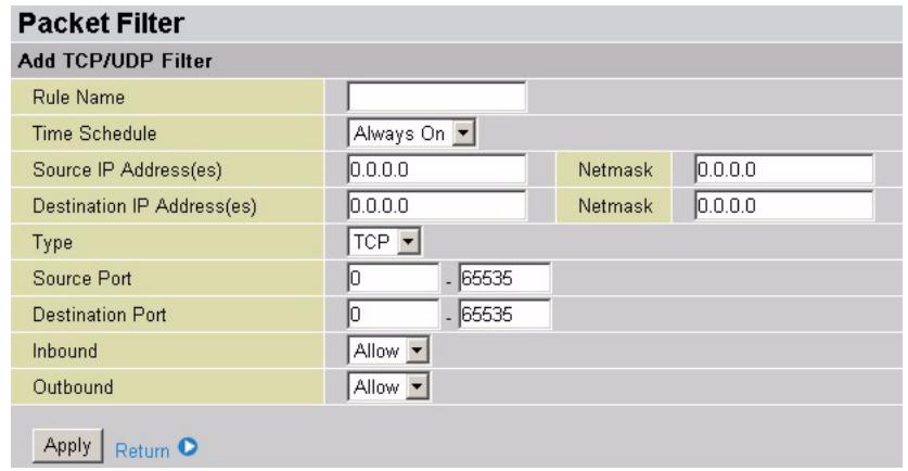 ZYXEL P-794M - Add a New TCP/UDP Packet Filter - 1