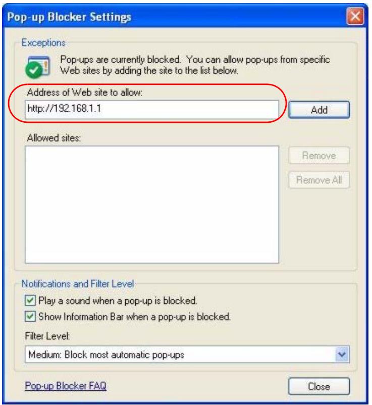 ZYXEL PRESTIGE 2302RL - Enable Pop-up Blockers with Exceptions - 2