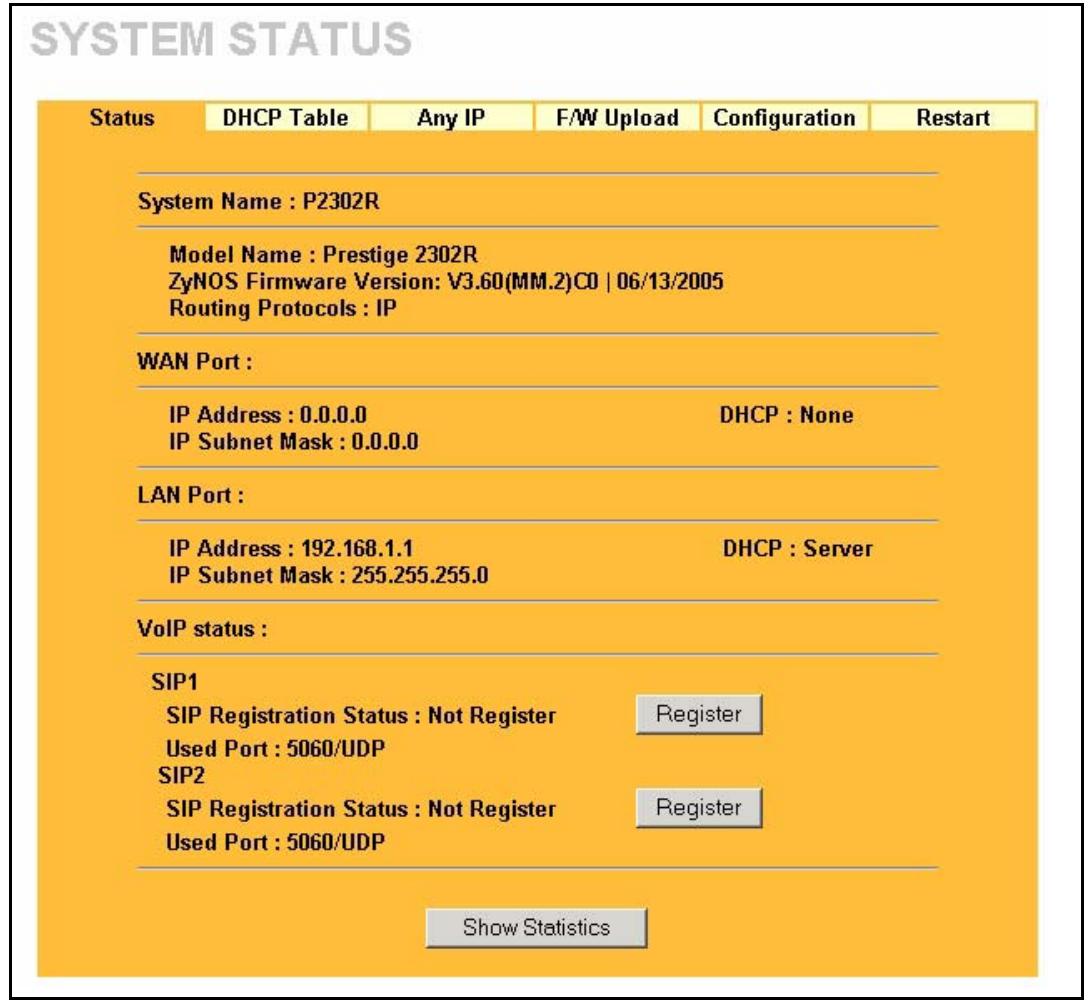 ZYXEL PRESTIGE 2302RL - Status Screen - 1