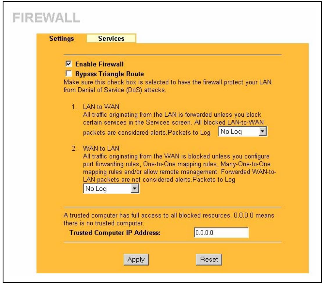 ZYXEL PRESTIGE 2302RL - Firewall Settings Screen - 1