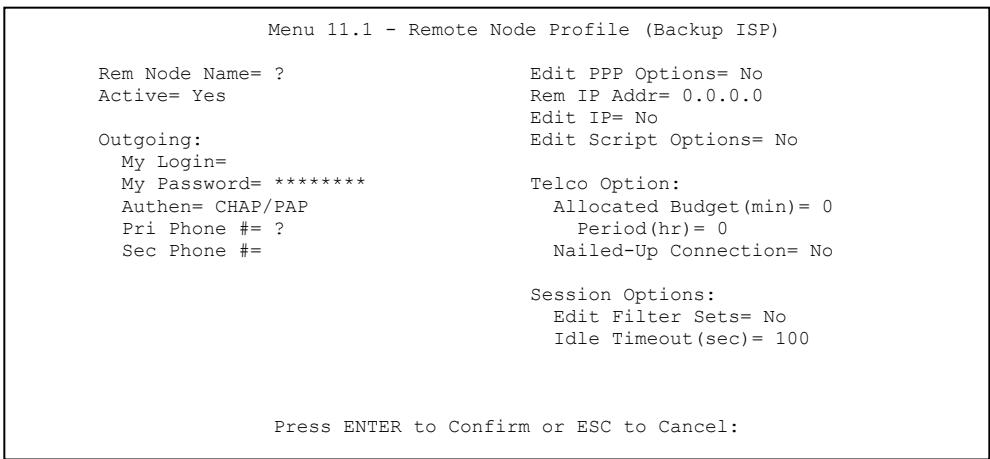 ZYXEL PRESTIGE 652HI - Remote Node Profile (Backup ISP) - 1