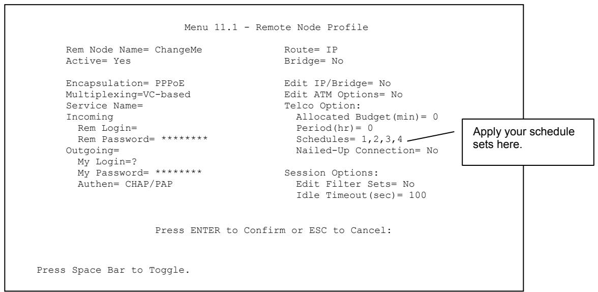 ZYXEL PRESTIGE 652HI - To delete a schedule set, enter the set number and press [SPACE BAR] and then [ENTER] (or delete) in the Edit Name field. - 1