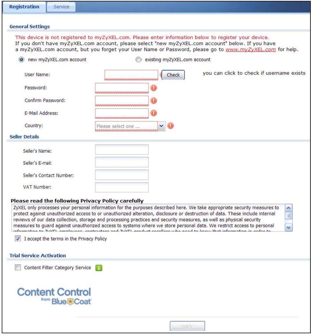 ZYXEL ZYWALL USG 20 - The Registration Screen - 1