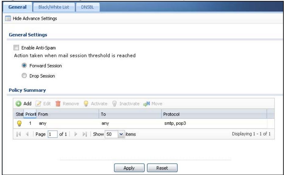 ZYXEL ZYWALL USG 20 - The Anti-Spam General Screen - 1