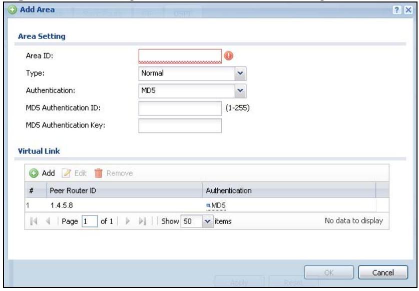 ZYXEL ZYWALL USG 20 - OSPF Area Add/Edit Screen - 1