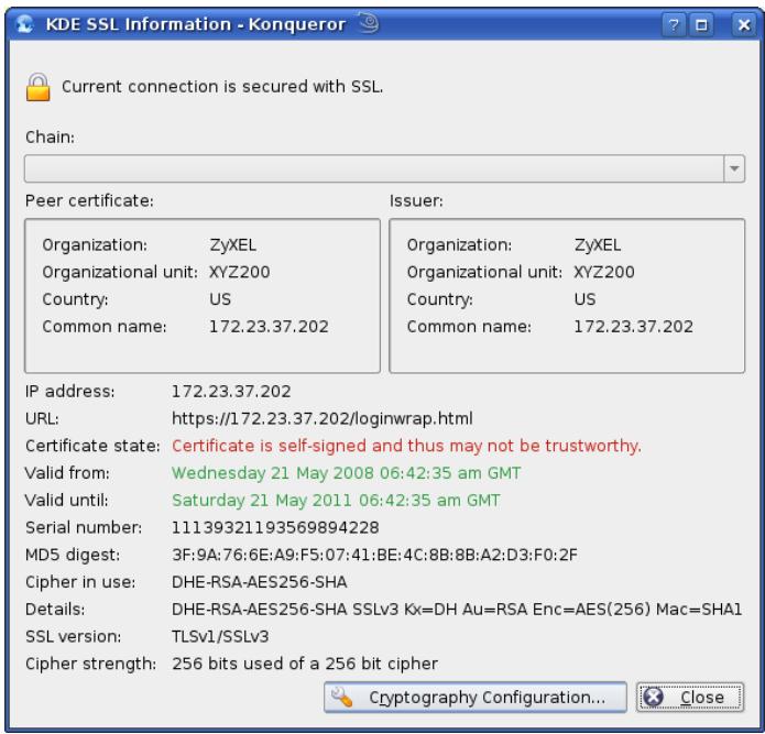 ZYXEL ZYWALL USG 20 - Click the padlock in the address bar to open the KDE SSL Information window and view the web page's security details. - 2