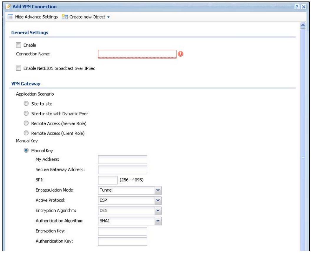 ZYXEL ZYWALL USG 20 - The VPN Connection Add/Edit Manual Key Screen - 1