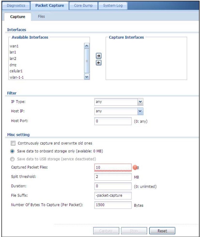 ZYXEL ZYWALL USG 20 - The Packet Capture Screen - 1