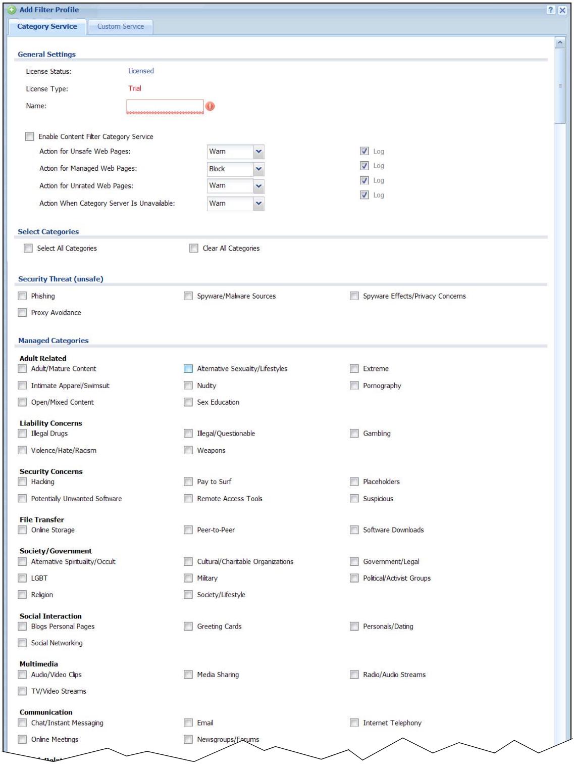 ZYXEL ZYWALL USG 20 - Content Filter Categories Screen - 1