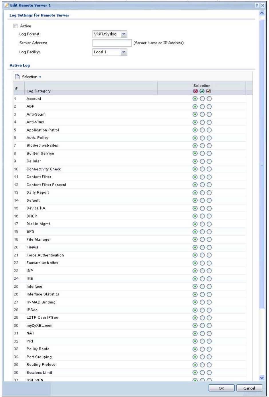 ZYXEL ZYWALL USG 20 - Edit Remote Server Log Settings - 1