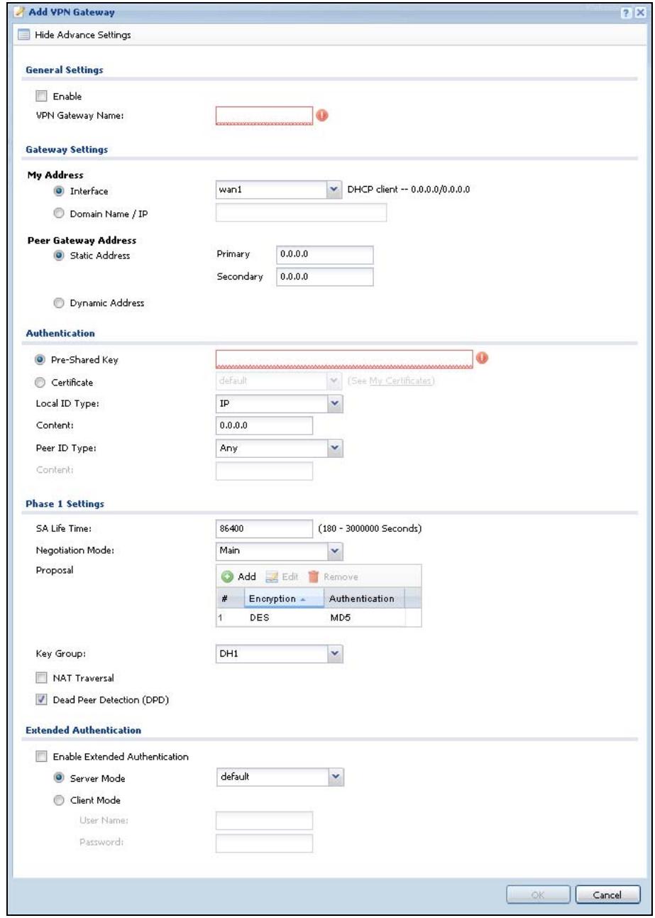 ZYXEL ZYWALL USG 20 - The VPN Gateway Add/Edit Screen - 1