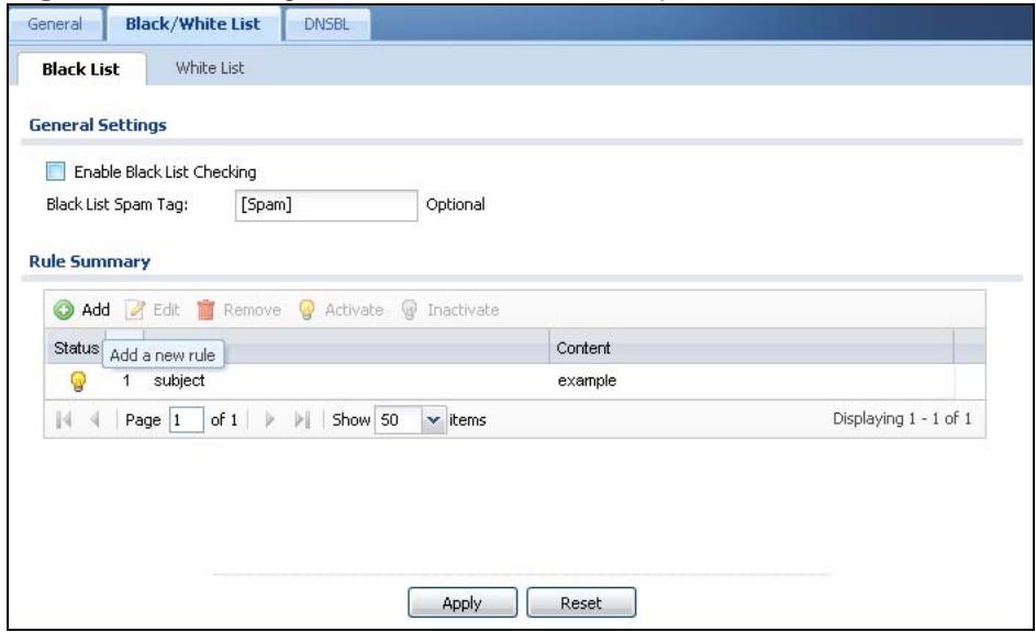ZYXEL ZYWALL USG 20 - The Anti-Spam Black List Screen - 1