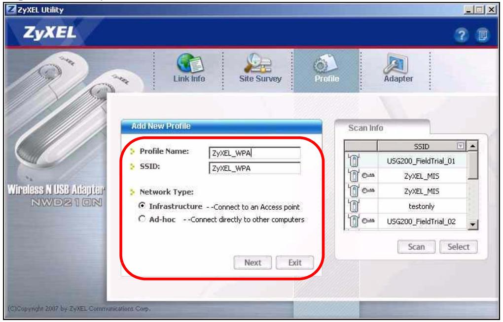 ZYXEL ZYWALL USG 20 - Add a new profile. This example uses "ZYXEL_WPA" as the name. It is also the SSID (name) of the wireless network. Select Infrastructure and click Next. - 1