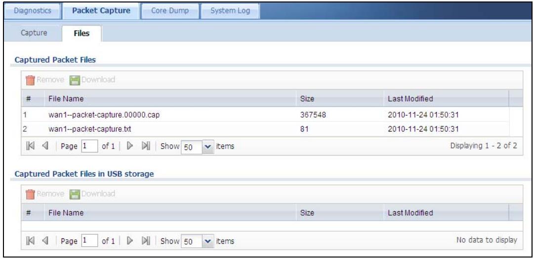 ZYXEL ZYWALL USG 20 - The Packet Capture Files Screen - 1