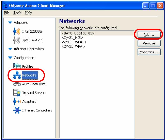 ZYXEL ZYWALL USG 20 - Click Networks > Add. - 1