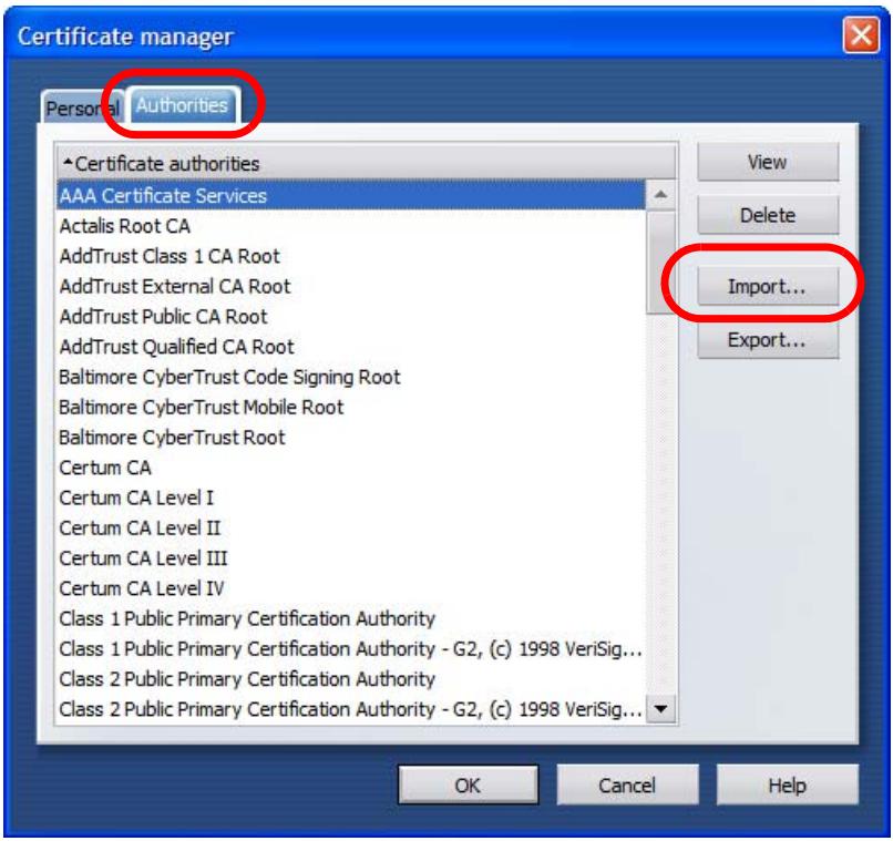 ZYXEL ZYWALL USG 20 - In the Certificates Manager, click Authorities > Import. - 1