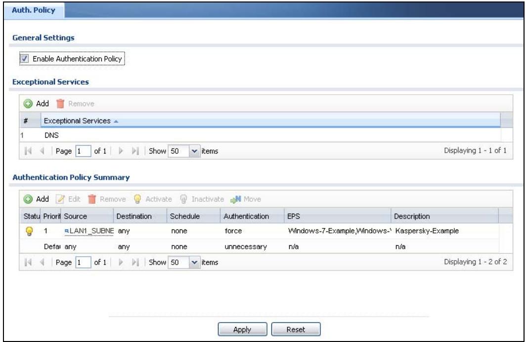 ZYXEL ZYWALL USG 20 - Turn on authentication policy and click Apply. - 1