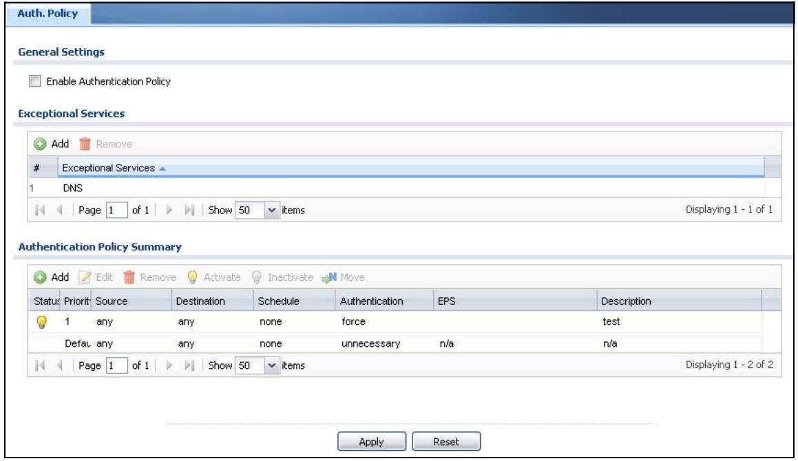ZYXEL ZYWALL USG 20 - Authentication Policy Screen - 1