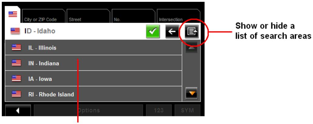 NAVIGON 8100T - Selecting a Search Area From a List - 1