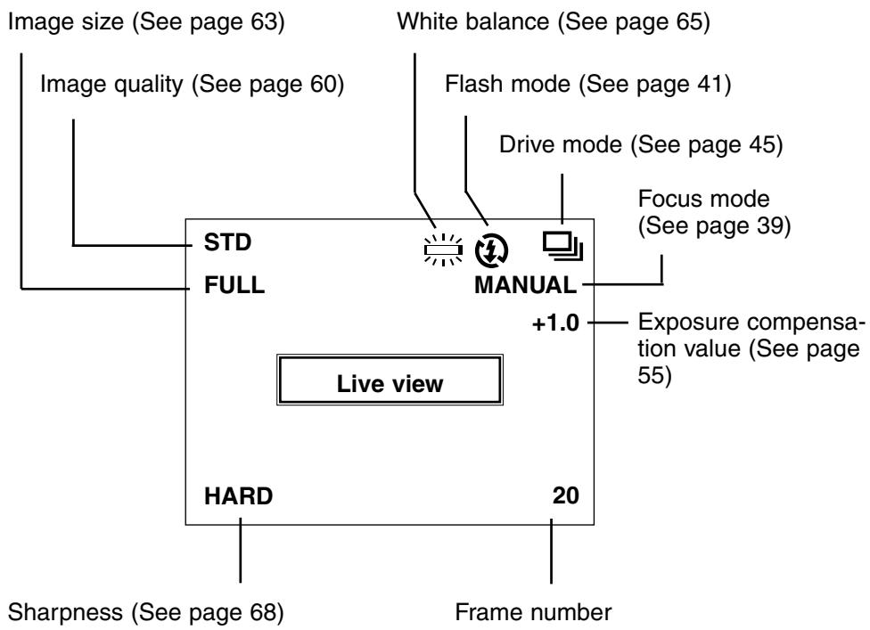 MINOLTA DIMAGE 2330 ZOOM - THE DISPLAY OF THE CAMERA SETTINGS - 1