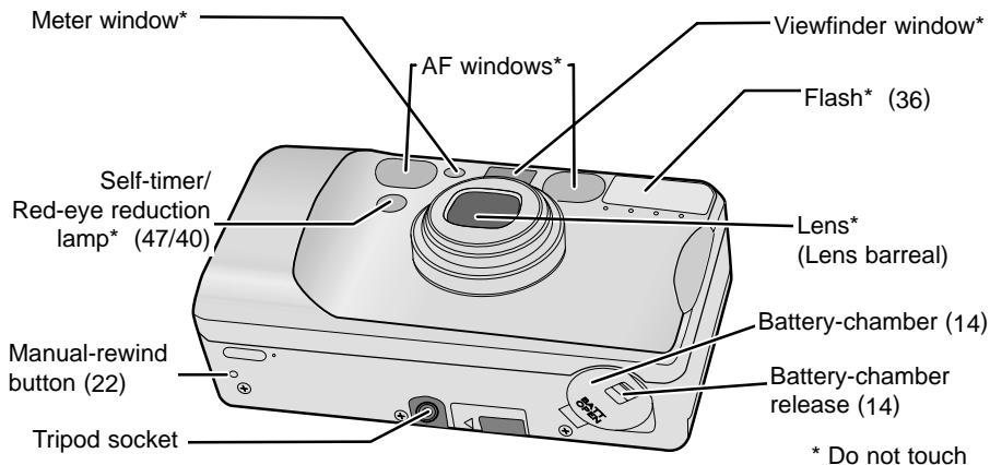 Meter window* AF windows* Viewfinder window* Flash* (36) Self-timer/ Red-eye reduction lamp* (47/40) Lens* (Lens barreal) Manual-rewind button (22) Tripod socket Battery-chamber (14) Battery-chamber release (14) * Do not touch