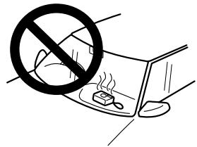 Diagram showing a no-smoking symbol over a device with a flame and smoke, indicating a hazard or safety warning.