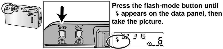 Press the flash-mode button until 4 appears on the data panel, then take the picture. SEL ADJ 3 15 6