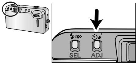 Diagram showing a digital camera with an arrow pointing to the control panel labeled SEL and ADJ, alongside a magnified view of the device.