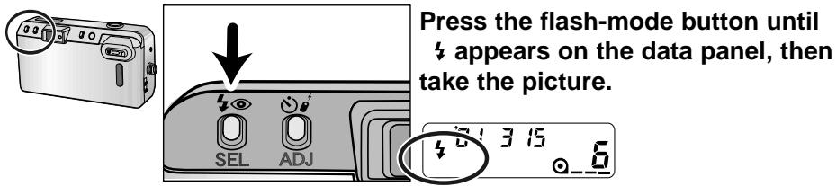 Press the flash-mode button until 4 appears on the data panel, then take the picture. SEL ADJ 3 15 6