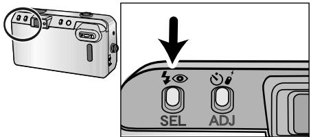 Diagram showing a digital camera with an arrow pointing to the control panel labeled SEL and ADJ, indicating selection or adjustment.