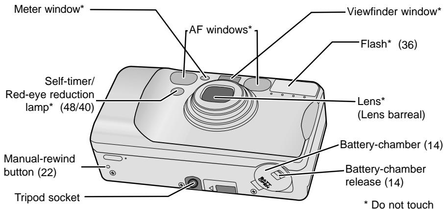 Meter window* AF windows* Viewfinder window* Flash* (36) Self-timer/ Red-eye reduction lamp* (48/40) Lens* (Lens barreal) Manual-rewind button (22) Tripod socket Battery-chamber (14) Battery-chamber release (14) * Do not touch