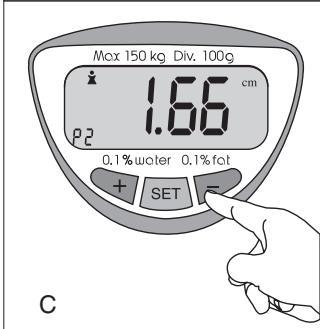 Max 150 kg Div. 100g 1.66 cm ρ2 0.1%water 0.1%fat + SET - C