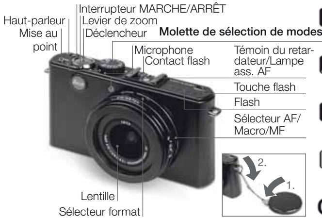Haut-parleur Mise au point Interrupteur MARCHE/ARRÊT Levier de zoom Déclencheur Molette de sélection de modes Microphone Contact flash Témoin du retar- dateur/Lampe ass. AF Touche flash Flash Sélecteur AF/ Macro/MF Lentille Sélecteur format 2. 1.