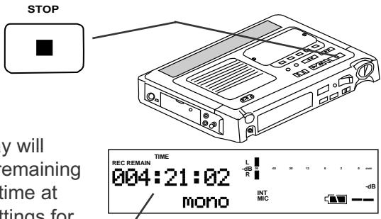 STOP y will remaining time at settings for REC REMAIN TIME 004:21:02 mono L -dB R INT MIC -dB