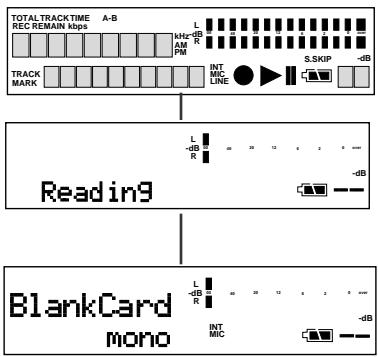 TOTAL TRACK TIME REC REMAIN kbps A-B L MHz dB R PM INT MIC LINE S.SKIP -dB TRACK MARK Read in9 L -dB R -dB BlankCard mono L -dB R -dB INT MIC -dB