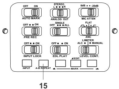 OFF ON AUTO MARK STREEO L ◆ ● ● R ANALOG OUT SINGLE OFF ● ● ALL PRE REC OFF ● ON INPUT LOCK EDL PLAY INPUT A-B REPEAT MARK 6dB ● -20dB MIC ATTEN FLAT ANC LIMITER ALC ● MANUAL LEVEL CONT. 15