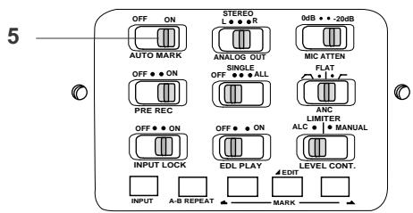 5 OFF ON STEREO 0dB • -20dB AUTO MARK ANALOG OUT MIC ATTEN OFF • ON SINGLE FLAT PRE REC ALL LIMITER INPUT LOCK ALC • MANUAL EDL PLAY LEVEL CONT. INPUT A-B REPEAT MARK