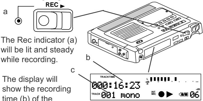 a REC The Rec indicator (a) will be lit and steady while recording. b c The display will show the recording time (b) of the TRACKTIME 000:16:23 TRACK 001 mono L R INT MIC dB 06