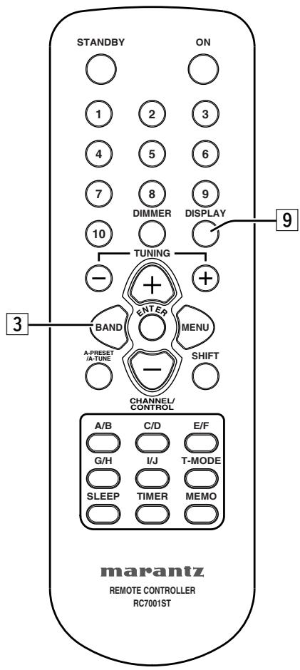 STANDBY ON 1 2 3 4 5 6 7 8 9 DIMMER DISPLAY 10 TUNING - + + BAND ENTER MENU A-PRESET /A-TUNE - SHIFT CHANNEL/ CONTROL A/B C/D E/F G/H I/J T-MODE SLEEP TIMER MEMO marantz REMOTE CONTROLLER RC7001ST