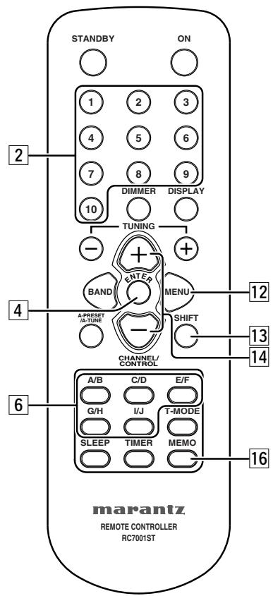 STANDBY ON 1 2 3 4 5 6 7 8 9 10 DIMMER DISPLAY TUNING - + BAND A-PRESET A-TUNE CHANNEL/ CONTROL MENU SHIFT 12 13 14 A/B C/D E/F G/H I/J T-MODE SLEEP TIMER MEMO 16 marantz REMOTE CONTROLLER RC7001ST