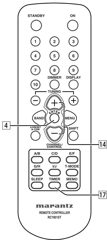 STANDBY ON 1 2 3 4 5 6 7 8 9 DIMMER DISPLAY 10 TUNING - + + BAND A-PRESET /A-TUNE CHANNEL/ CONTROL MENU SHIFT - - 4 14 A/B C/D E/F G/H I/J T-MODE SLEEP TIMER MEMO 17 marantz REMOTE CONTROLLER RC7001ST