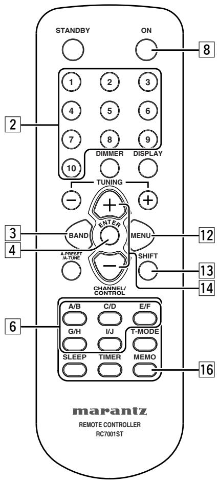 STANDBY ON 8 1 2 3 4 5 6 7 8 9 DIMMER DISPLAY 10 TUNING - + 3 BAND ENTER MENU 4 A-PRESET /A-TUNE - SHIFT CHANNEL/ CONTROL 12 13 14 6 A/B C/D E/F G/H I/J T-MODE SLEEP TIMER MEMO 16 marantz REMOTE CONTROLLER RC7001ST