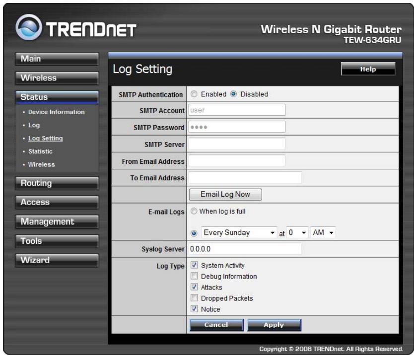 TRENDNET TEW-634GRU - Log Setting - 1