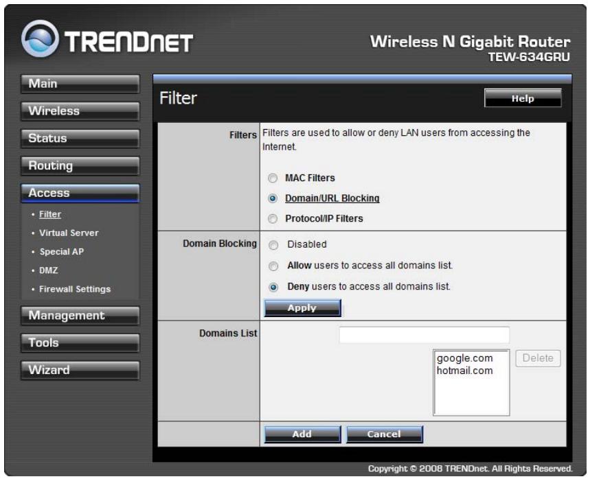 TRENDNET TEW-634GRU - Domain/URL Blocking - 1