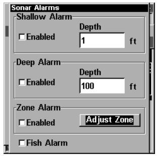 EAGLE FISHELITE 480 - To adjust and turn on the zone alarm: - 1