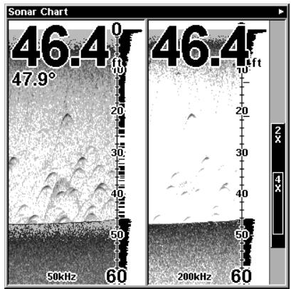 EAGLE FISHMARK 480 - Pages Menu showing some Sonar display options (at left, dual-frequency menu; at right, single-frequency menu). - 3