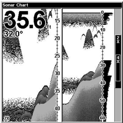 EAGLE FISHMARK 480 - Pages Menu showing some Sonar display options (at left, dual-frequency menu; at right, single-frequency menu). - 2