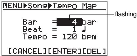 FOSTEX MR 8 - 1) Bring up the song edit menu screen and use the [CURSOR ☑] key to highlight "Tempo Map", then press the [ENTER] key. - 3