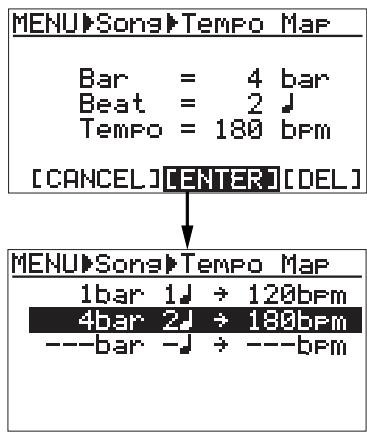 FOSTEX MR 8 - 1) Bring up the song edit menu screen and use the [CURSOR ☑] key to highlight "Tempo Map", then press the [ENTER] key. - 8