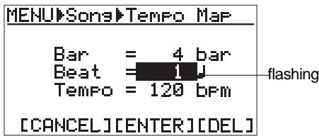 FOSTEX MR 8 - 1) Bring up the song edit menu screen and use the [CURSOR ☑] key to highlight "Tempo Map", then press the [ENTER] key. - 4